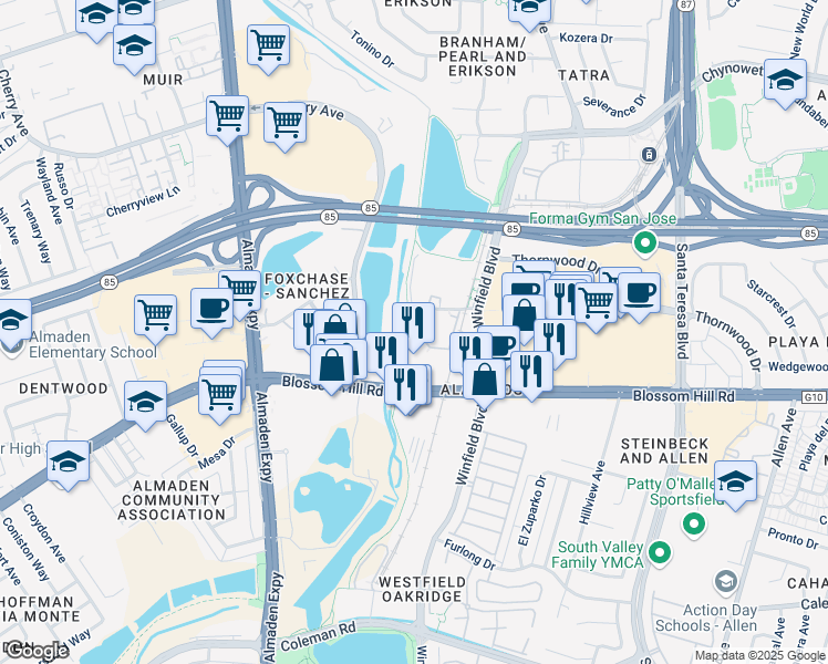 map of restaurants, bars, coffee shops, grocery stores, and more near 9 Blossom River Drive in San Jose
