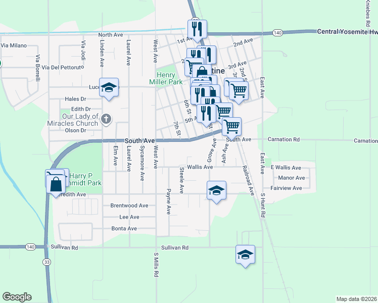 map of restaurants, bars, coffee shops, grocery stores, and more near 685 Wallis Avenue in Gustine