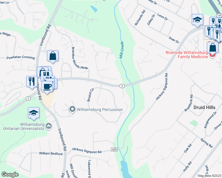 map of restaurants, bars, coffee shops, grocery stores, and more near 4856 Bristol Circle in Williamsburg