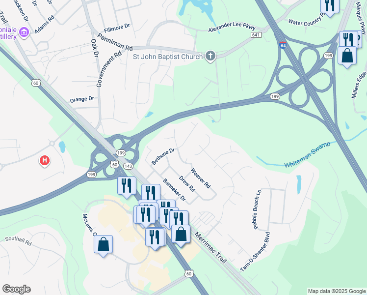 map of restaurants, bars, coffee shops, grocery stores, and more near 203 Bethune Drive in Williamsburg