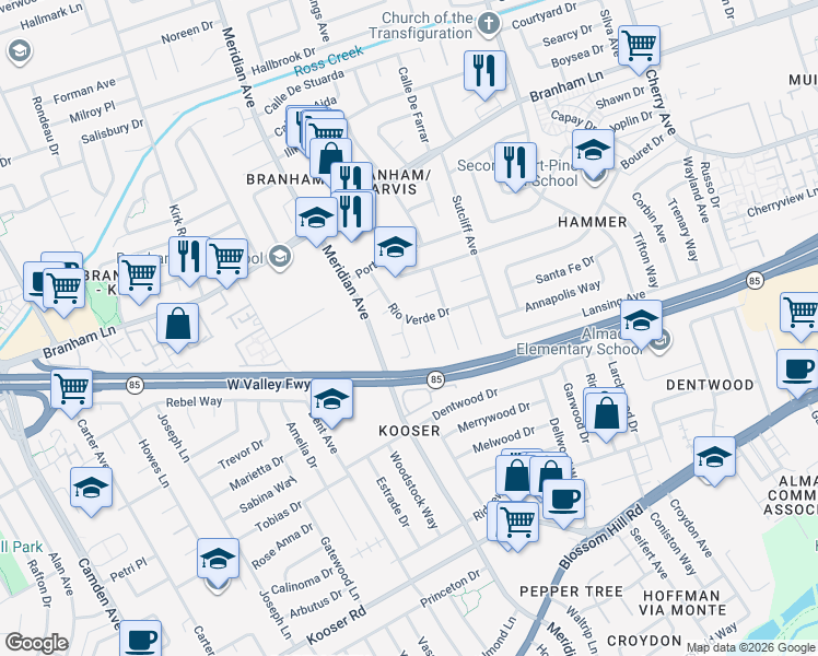 map of restaurants, bars, coffee shops, grocery stores, and more near 5058 Durango Court in San Jose
