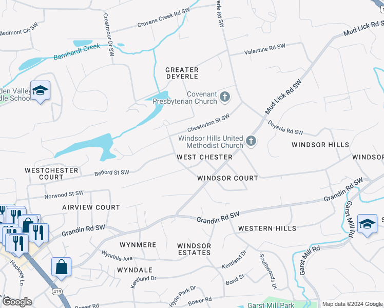 map of restaurants, bars, coffee shops, grocery stores, and more near 1905 Aberdeen Avenue Southwest in Roanoke
