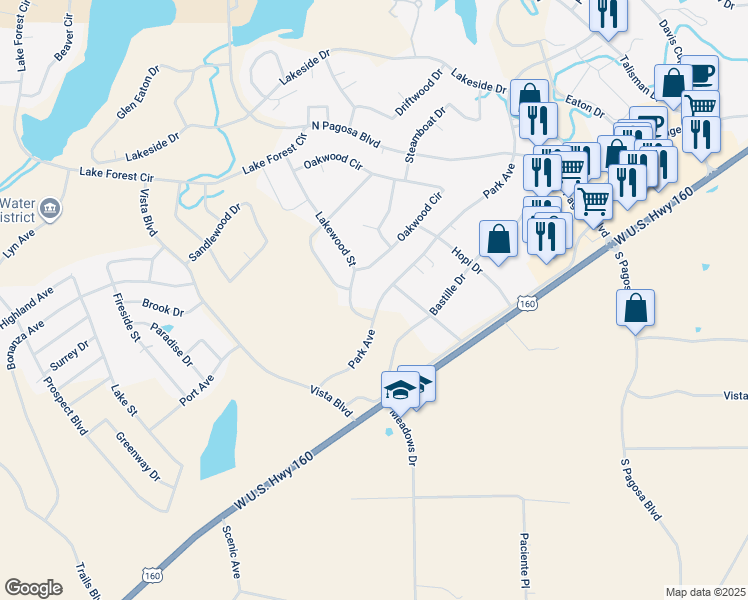 map of restaurants, bars, coffee shops, grocery stores, and more near 298 Park Ave in Pagosa Springs
