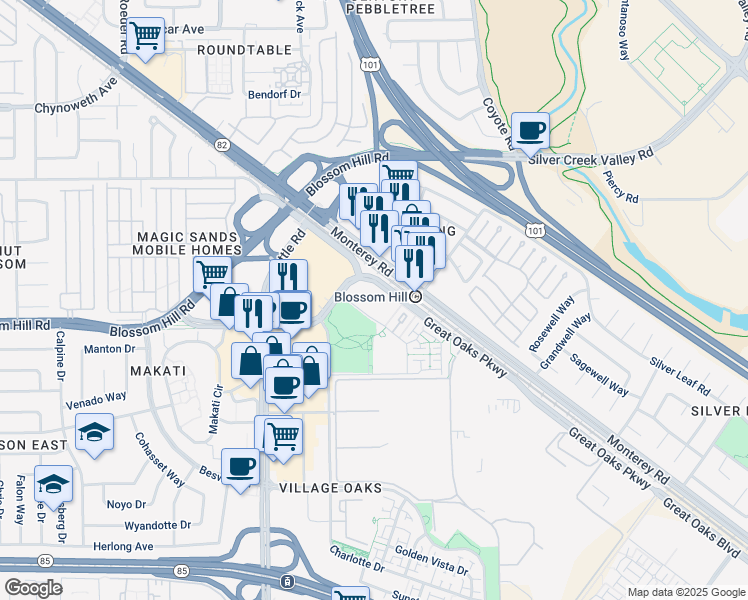 map of restaurants, bars, coffee shops, grocery stores, and more near 5560 Lexington Avenue in San Jose