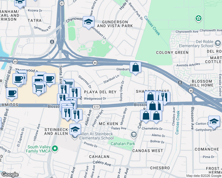 map of restaurants, bars, coffee shops, grocery stores, and more near 764 Regent Park Drive in San Jose