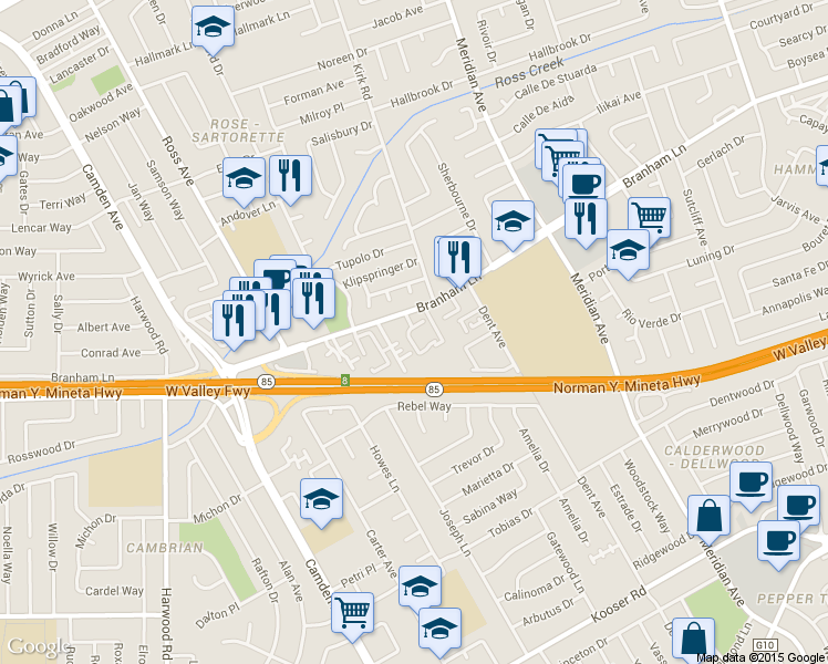 map of restaurants, bars, coffee shops, grocery stores, and more near 1644 Branham Lane in San Jose