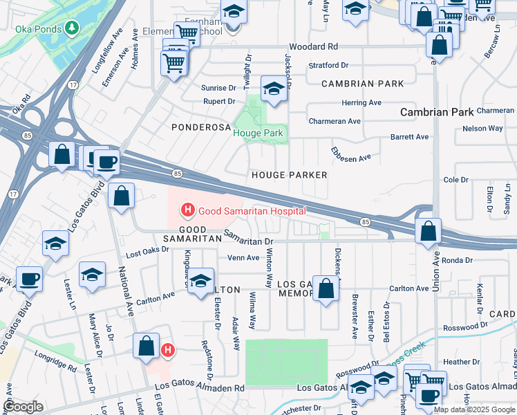 map of restaurants, bars, coffee shops, grocery stores, and more near 2315 Saidel Drive in San Jose
