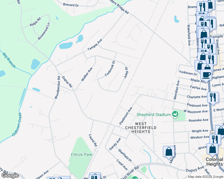 map of restaurants, bars, coffee shops, grocery stores, and more near 3503 Julep Drive in Colonial Heights