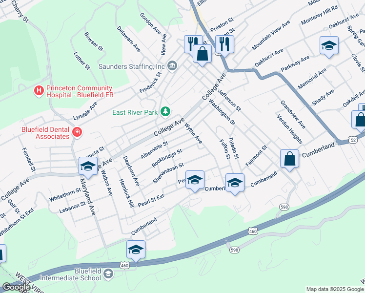 map of restaurants, bars, coffee shops, grocery stores, and more near 618 Rockbridge Street in Bluefield