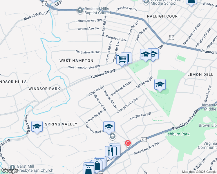 map of restaurants, bars, coffee shops, grocery stores, and more near 2514 Tillett Rd SW in Roanoke