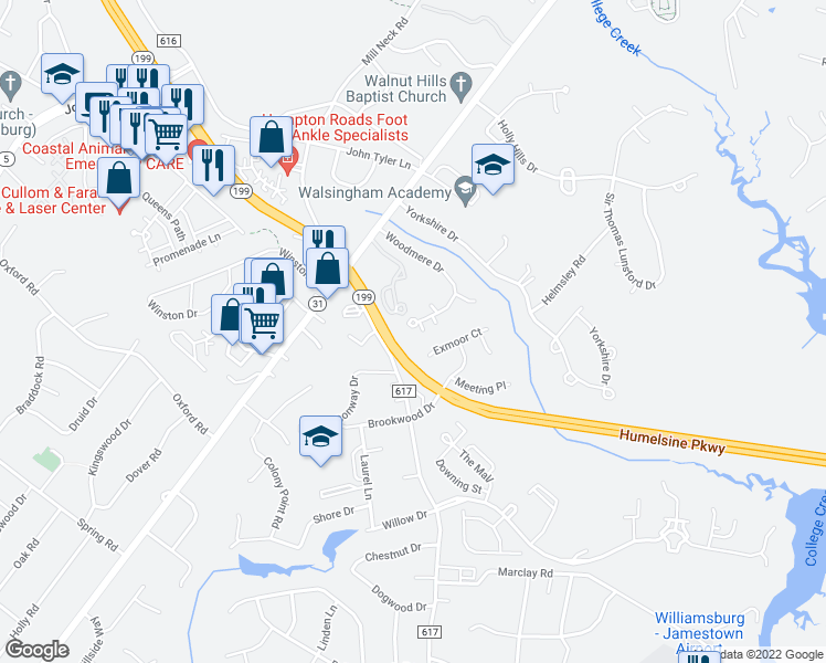 map of restaurants, bars, coffee shops, grocery stores, and more near 229 Woodmere Drive in Williamsburg