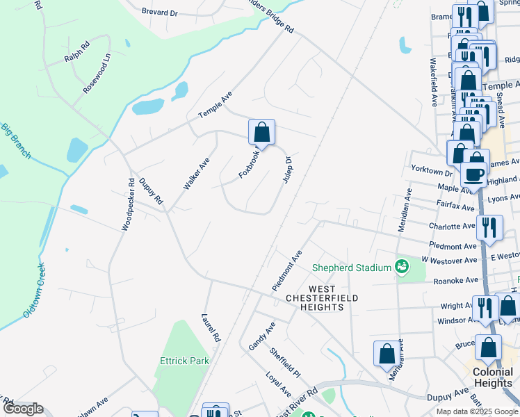 map of restaurants, bars, coffee shops, grocery stores, and more near 3513 Julep Drive in Ettrick