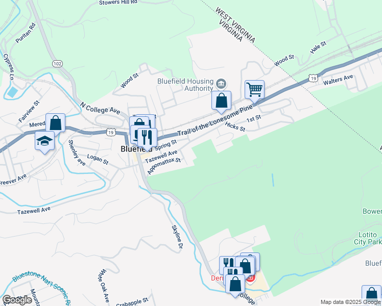 map of restaurants, bars, coffee shops, grocery stores, and more near 109 Blake Street in Bluefield
