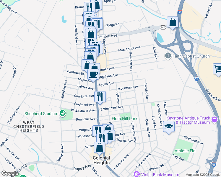 map of restaurants, bars, coffee shops, grocery stores, and more near 210 Moorman Avenue in Colonial Heights
