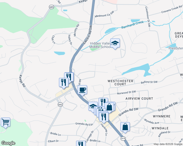 map of restaurants, bars, coffee shops, grocery stores, and more near 5008 Keithwood Drive Southwest in Roanoke