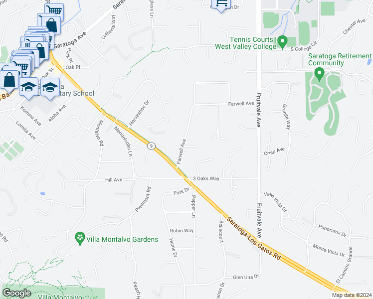 map of restaurants, bars, coffee shops, grocery stores, and more near 14860 Farwell Avenue in Saratoga
