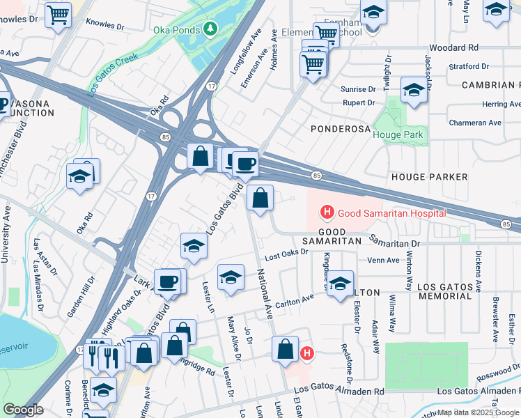 map of restaurants, bars, coffee shops, grocery stores, and more near 2550 Samaritan Drive in San Jose