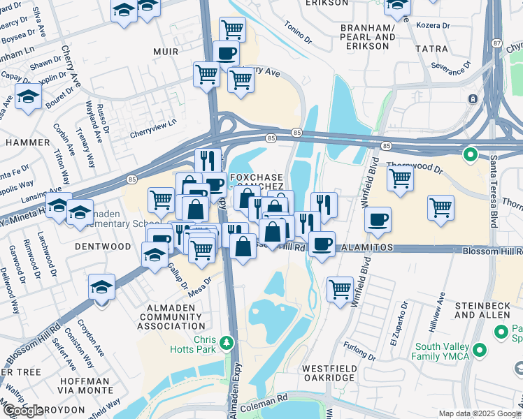 map of restaurants, bars, coffee shops, grocery stores, and more near 1058 Foxchase Drive in San Jose