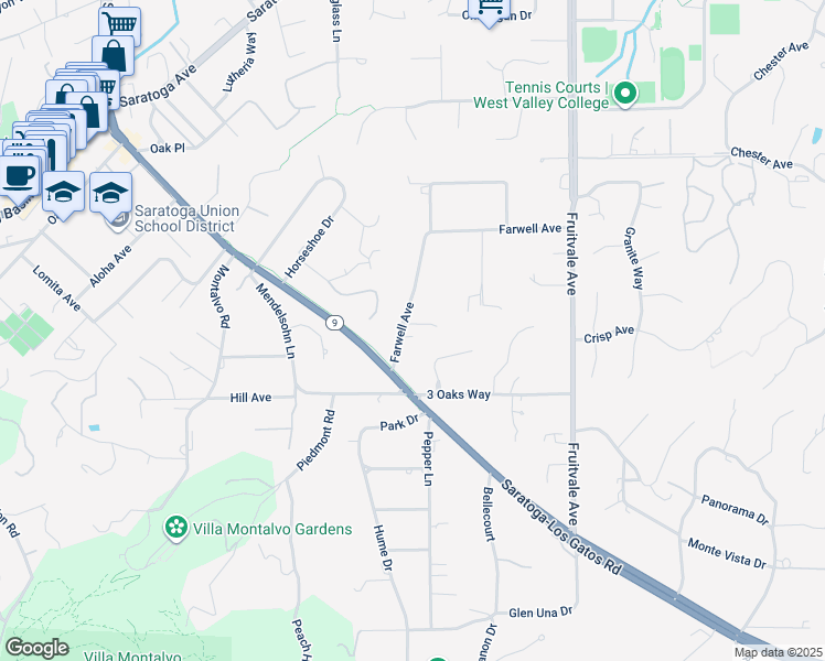 map of restaurants, bars, coffee shops, grocery stores, and more near 14860 Farwell Avenue in Saratoga