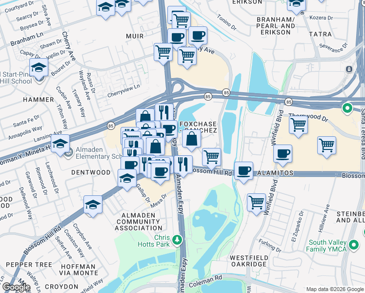 map of restaurants, bars, coffee shops, grocery stores, and more near 5510 Foxchase Drive in San Jose