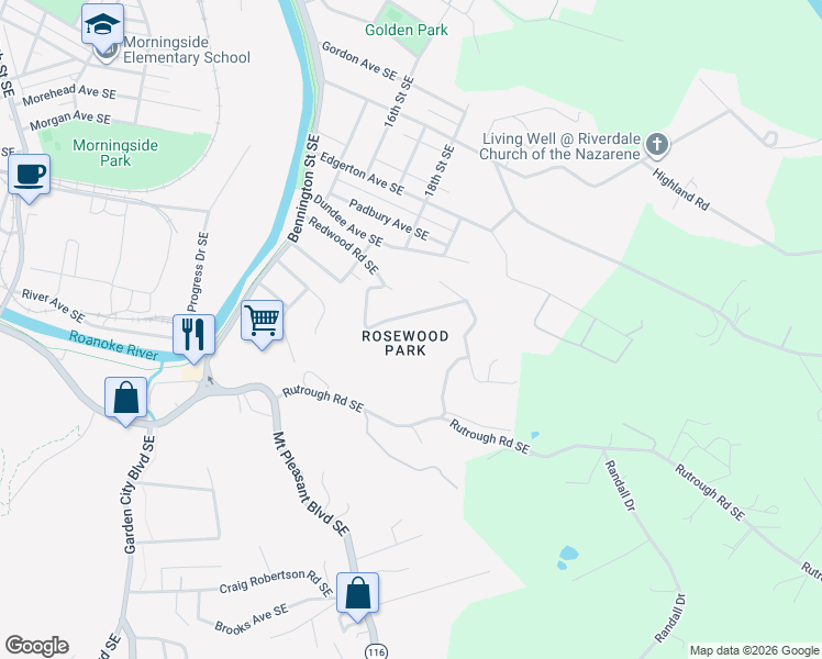 map of restaurants, bars, coffee shops, grocery stores, and more near 1923 Redwood Road Southeast in Roanoke