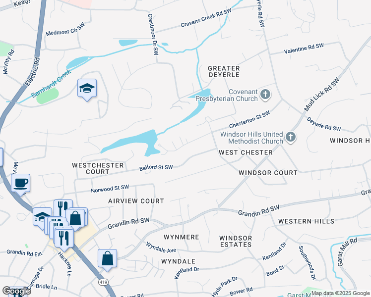 map of restaurants, bars, coffee shops, grocery stores, and more near 4126 Chesterton Street Southwest in Roanoke