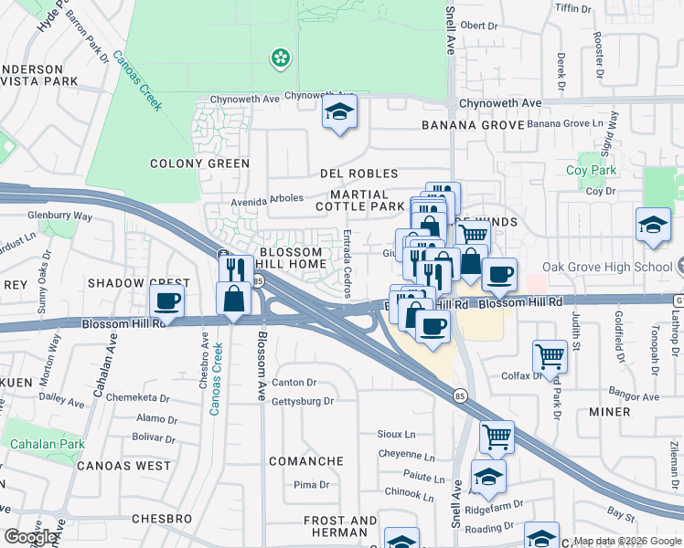 map of restaurants, bars, coffee shops, grocery stores, and more near 5555 Entrada Cedros in San Jose