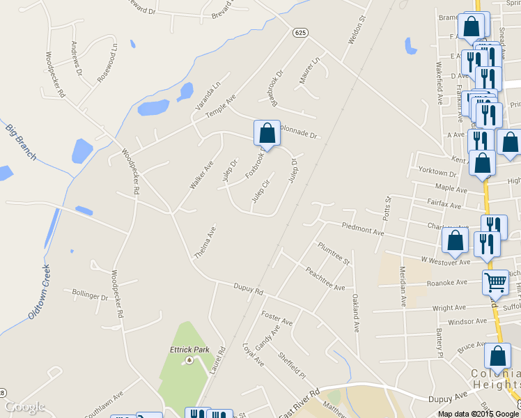 map of restaurants, bars, coffee shops, grocery stores, and more near 3503 Julep Drive in Colonial Heights