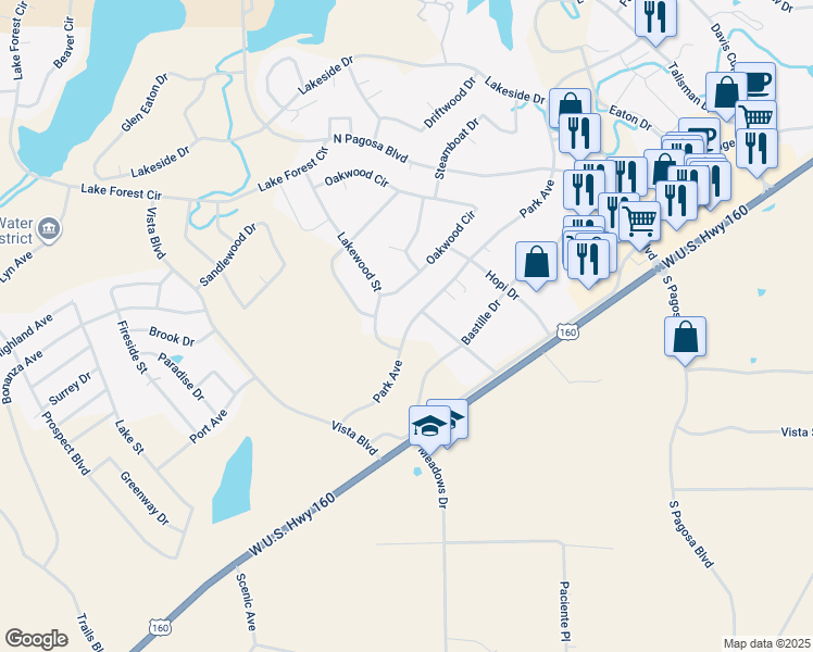 map of restaurants, bars, coffee shops, grocery stores, and more near 298 Park Avenue in Pagosa Springs