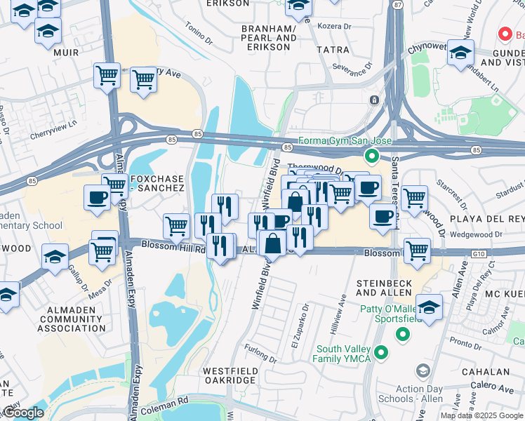 map of restaurants, bars, coffee shops, grocery stores, and more near 1000 Blossom River Way in San Jose