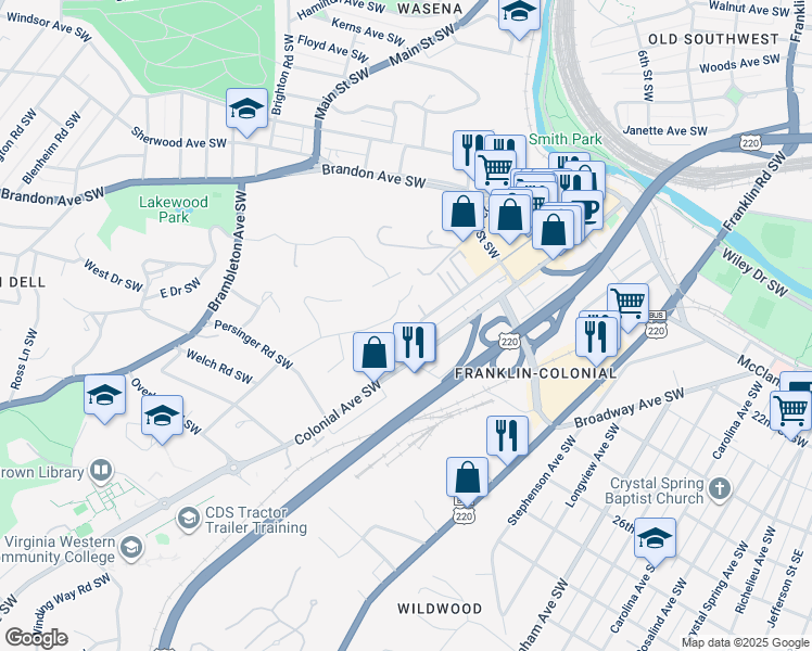 map of restaurants, bars, coffee shops, grocery stores, and more near 2612 Bluefield Boulevard Southwest in Roanoke