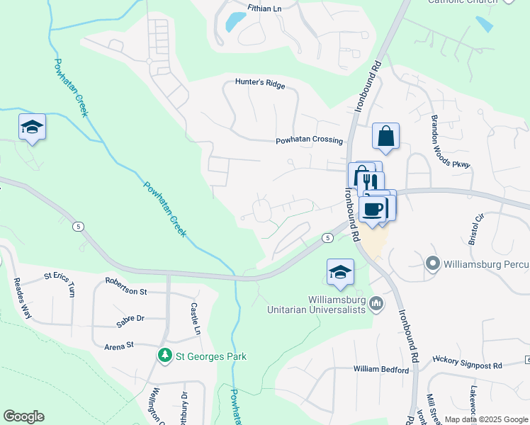 map of restaurants, bars, coffee shops, grocery stores, and more near 3108 Pristine View in Williamsburg