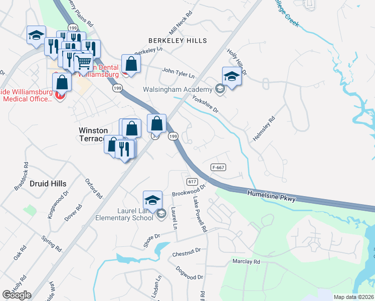 map of restaurants, bars, coffee shops, grocery stores, and more near 237 Woodmere Drive in Williamsburg