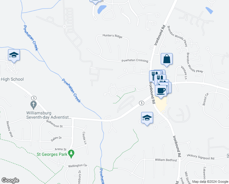 map of restaurants, bars, coffee shops, grocery stores, and more near 3108 Pristine View in Williamsburg