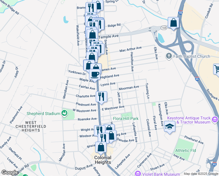 map of restaurants, bars, coffee shops, grocery stores, and more near 210 Moorman Avenue in Colonial Heights