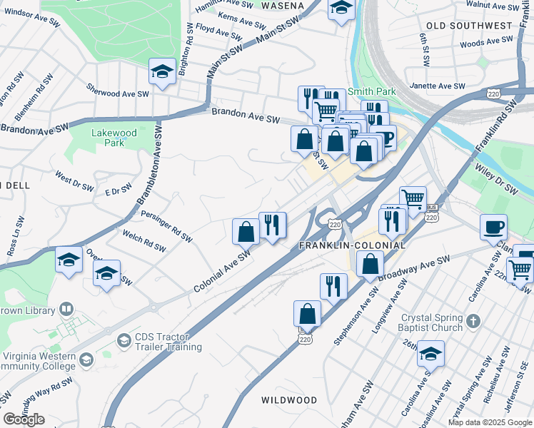 map of restaurants, bars, coffee shops, grocery stores, and more near 2612 Bluefield Boulevard Southwest in Roanoke