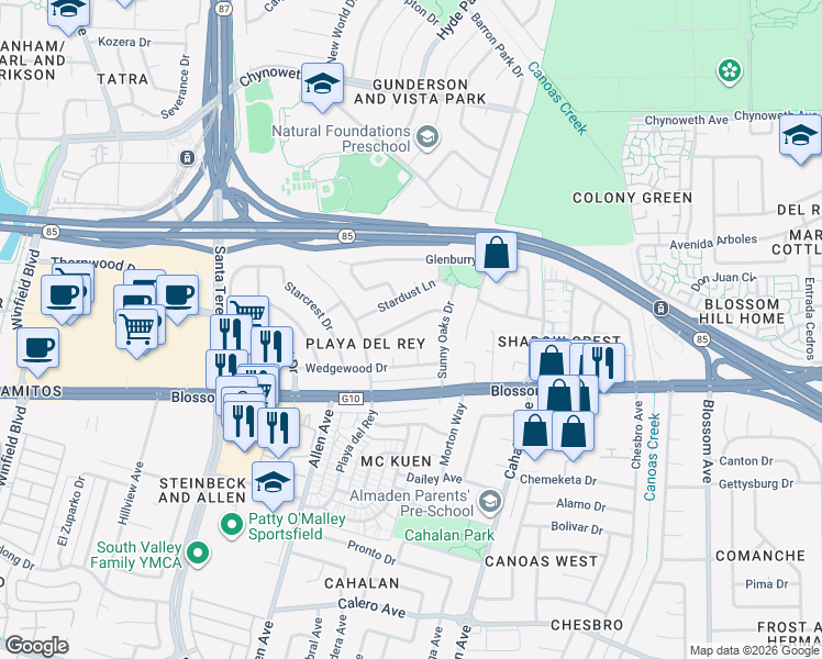map of restaurants, bars, coffee shops, grocery stores, and more near 764 Regent Park Drive in San Jose
