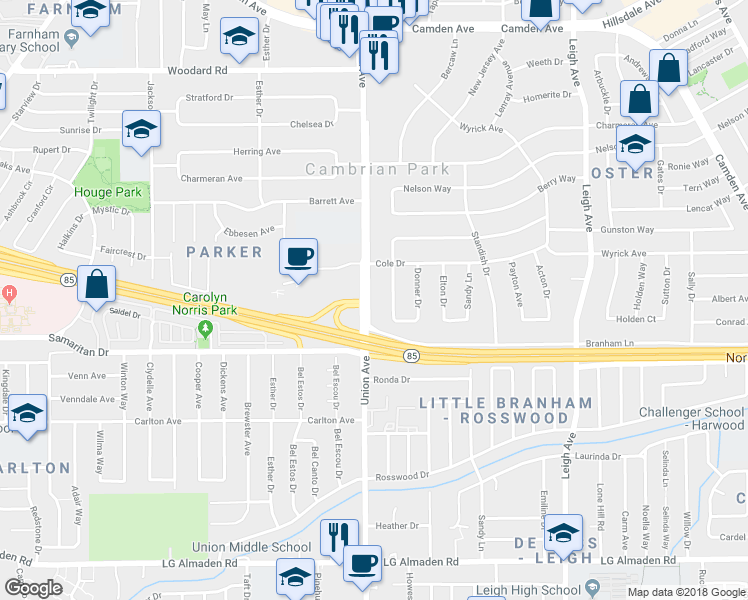 map of restaurants, bars, coffee shops, grocery stores, and more near 14882 Union Avenue in San Jose
