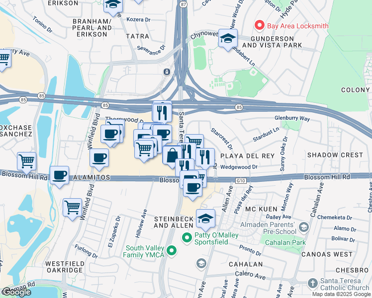 map of restaurants, bars, coffee shops, grocery stores, and more near 5560 Santa Teresa Boulevard in San Jose