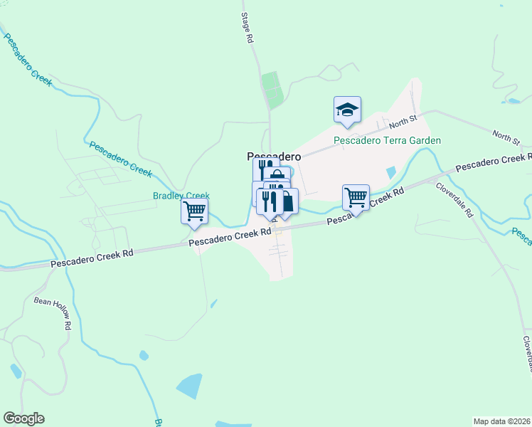 map of restaurants, bars, coffee shops, grocery stores, and more near 227 Stage Road in La Honda