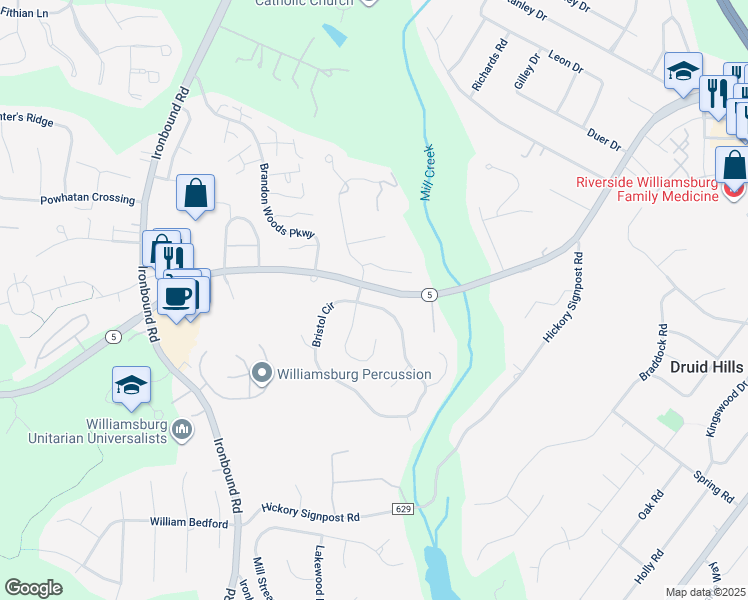 map of restaurants, bars, coffee shops, grocery stores, and more near 4864 Bristol Circle in Williamsburg