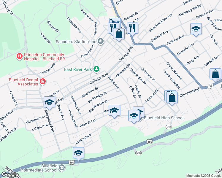 map of restaurants, bars, coffee shops, grocery stores, and more near 618 Rockbridge Street in Bluefield