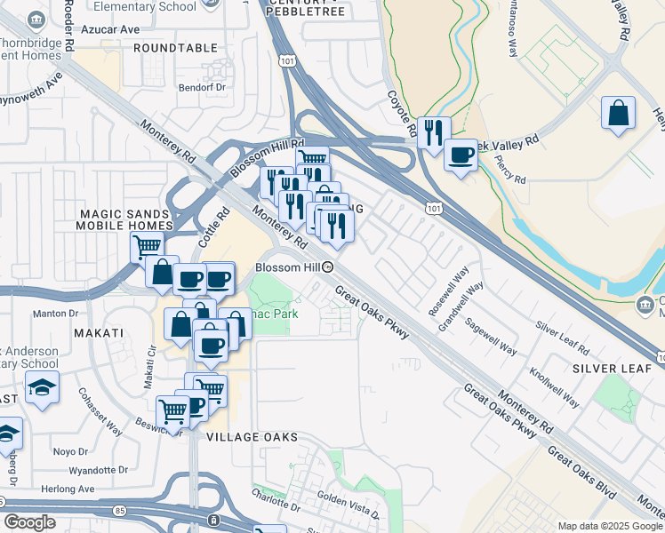 map of restaurants, bars, coffee shops, grocery stores, and more near Monterey Hwy & Ford Rd in San Jose
