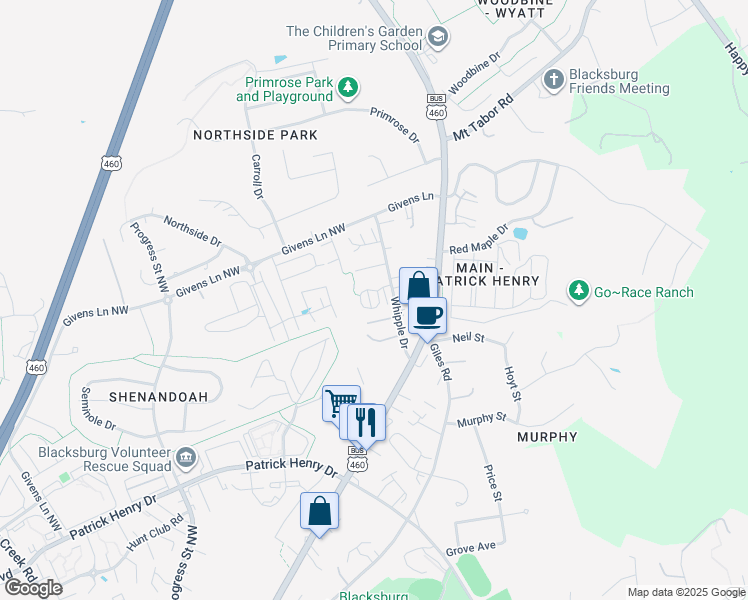 map of restaurants, bars, coffee shops, grocery stores, and more near 347 Courtney Circle in Blacksburg