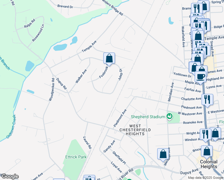 map of restaurants, bars, coffee shops, grocery stores, and more near 3513 Julep Drive in Ettrick