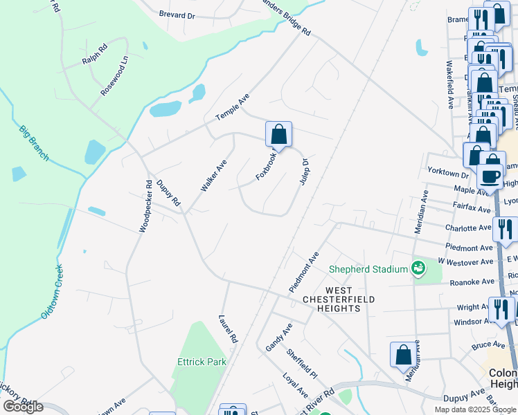 map of restaurants, bars, coffee shops, grocery stores, and more near 3413 Julep Drive in Ettrick