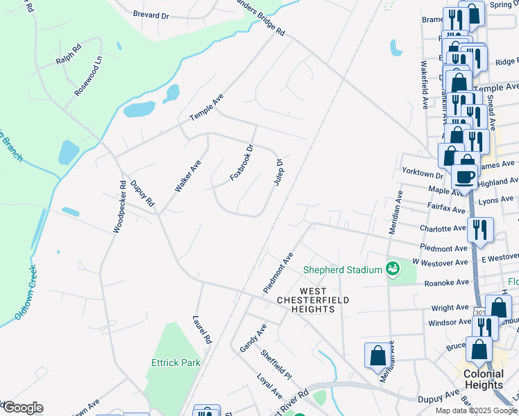 map of restaurants, bars, coffee shops, grocery stores, and more near 3513 Julep Drive in Ettrick