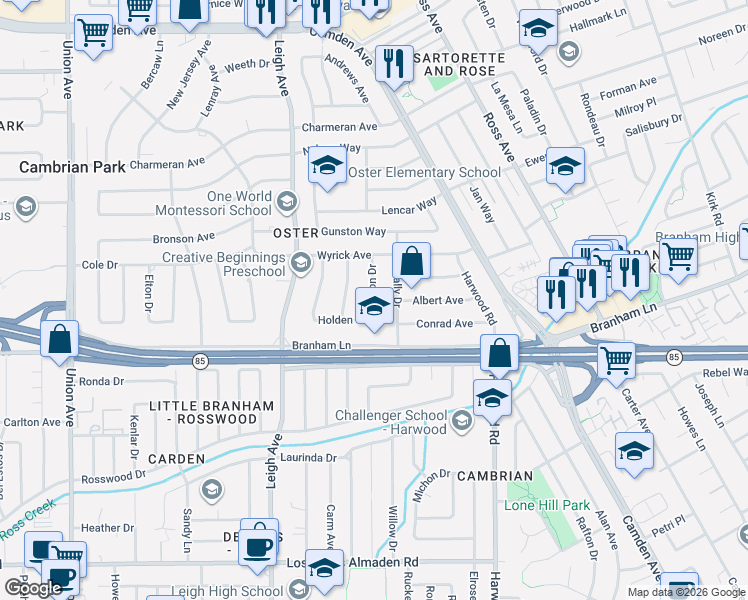 map of restaurants, bars, coffee shops, grocery stores, and more near 14880 Sutton Drive in San Jose