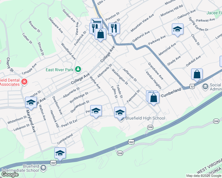 map of restaurants, bars, coffee shops, grocery stores, and more near 2132 Fulton Street in Bluefield