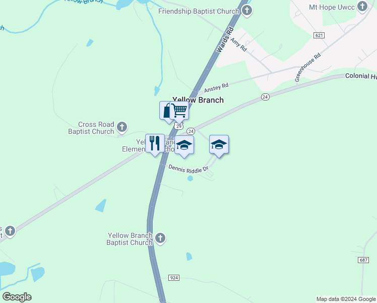 map of restaurants, bars, coffee shops, grocery stores, and more near 377 Dennis Riddle Drive in Rustburg